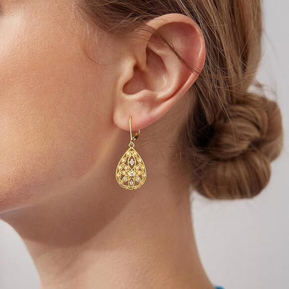 925 Sterling Filigree Teardrop Cubic Leverback Dangle Earrings for Women - Picture 2 of 5